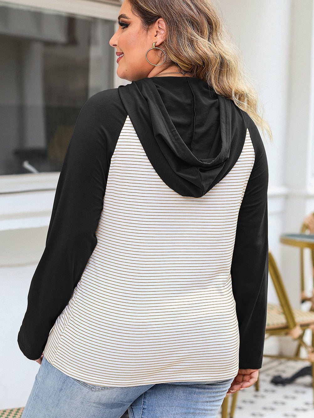 Cozy Black Striped Raglan Hoodie with Buttoned Pocket for Curvy Fashionistas