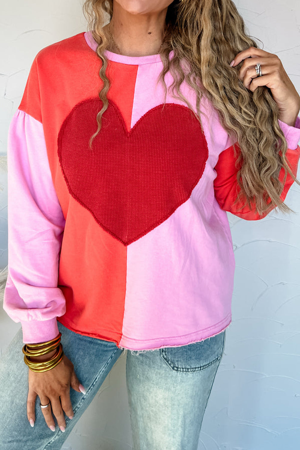 Fiery Red Big Heart Patched Color Block Patchwork Drop Shoulder Long Sleeve Top