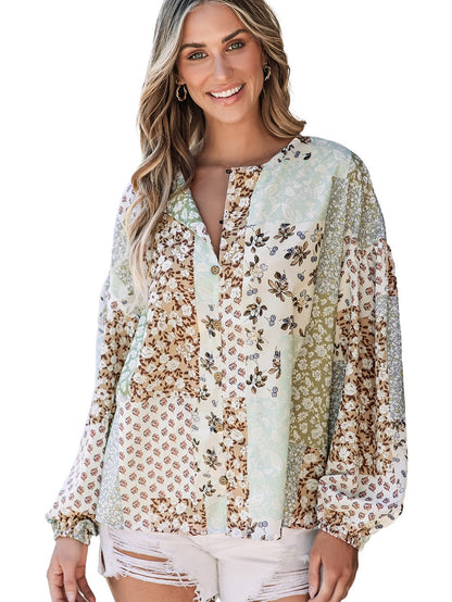 Floral Patchwork Print V-Neck Long Sleeve Blouse