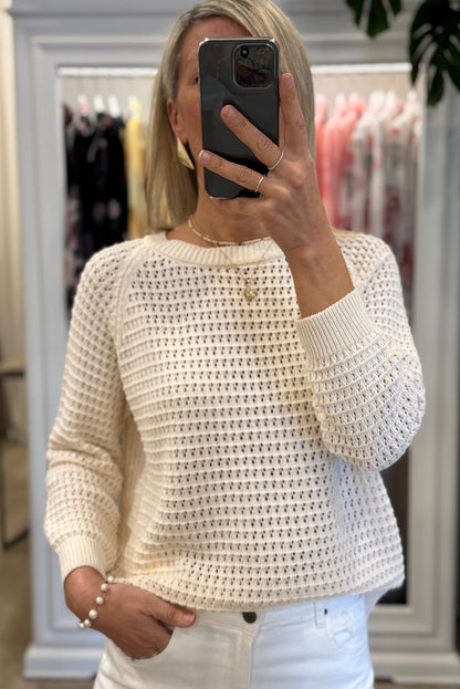 White Solid Color Pointellet Knit Raglan Sleeve Sweater