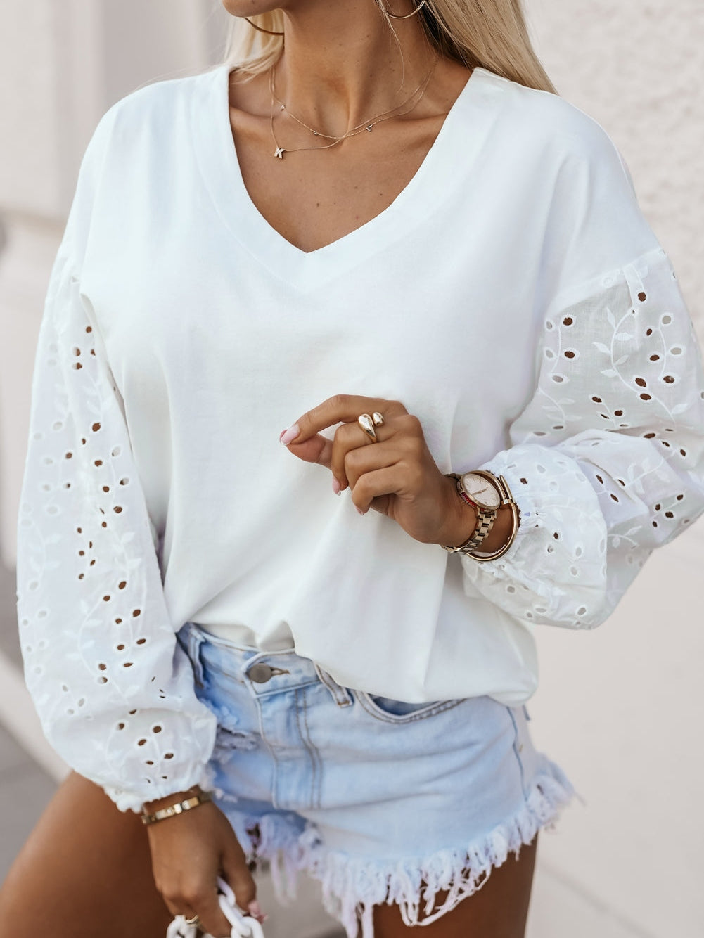 Ivory V-neck Embroidered Patchwork Puff Sleeve Top