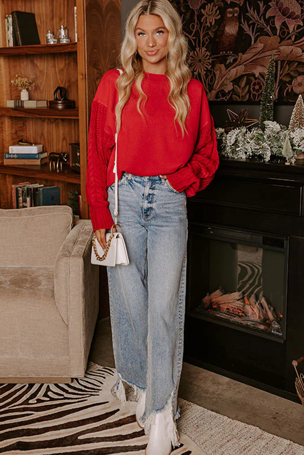 Fiery Red Cable Knit Textured Patchwork Sleeve Slouchy Sweater