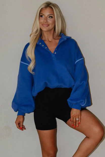 Sky Blue Button up Collared Exposed Seam Chic Sweatshirt