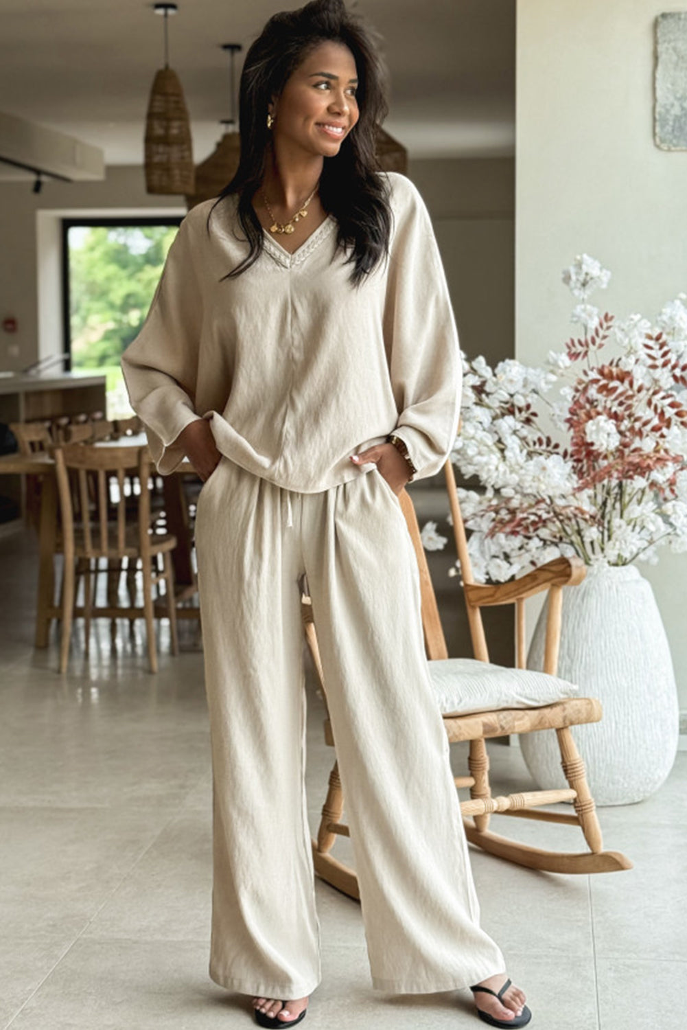 White Braided V Neck Long Sleeve Loose Top and Drawstring High Waist Pants 2pcs Outfit