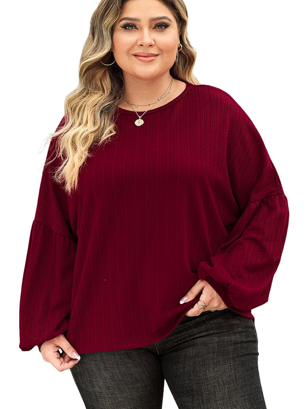 Crimson Dahlia Plus Size Jacquard Knit Bubble Sleeve Top