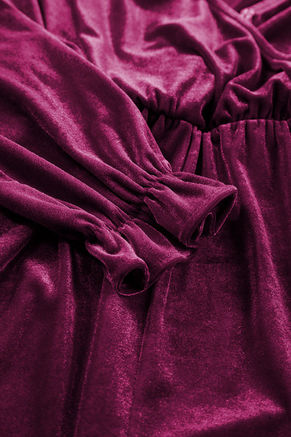 Red Dahlia Velvet Surplice Neck Ruffled Sleeve High Waist Romper