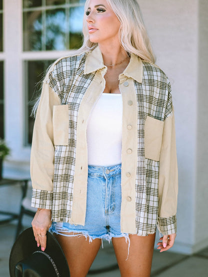 Khaki Plaid Patchwork Denim Shacket - Distressed Edges