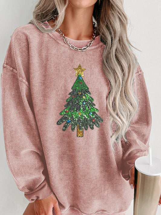 Festive Pink Sequin Christmas Tree Oversized Sweatshirt