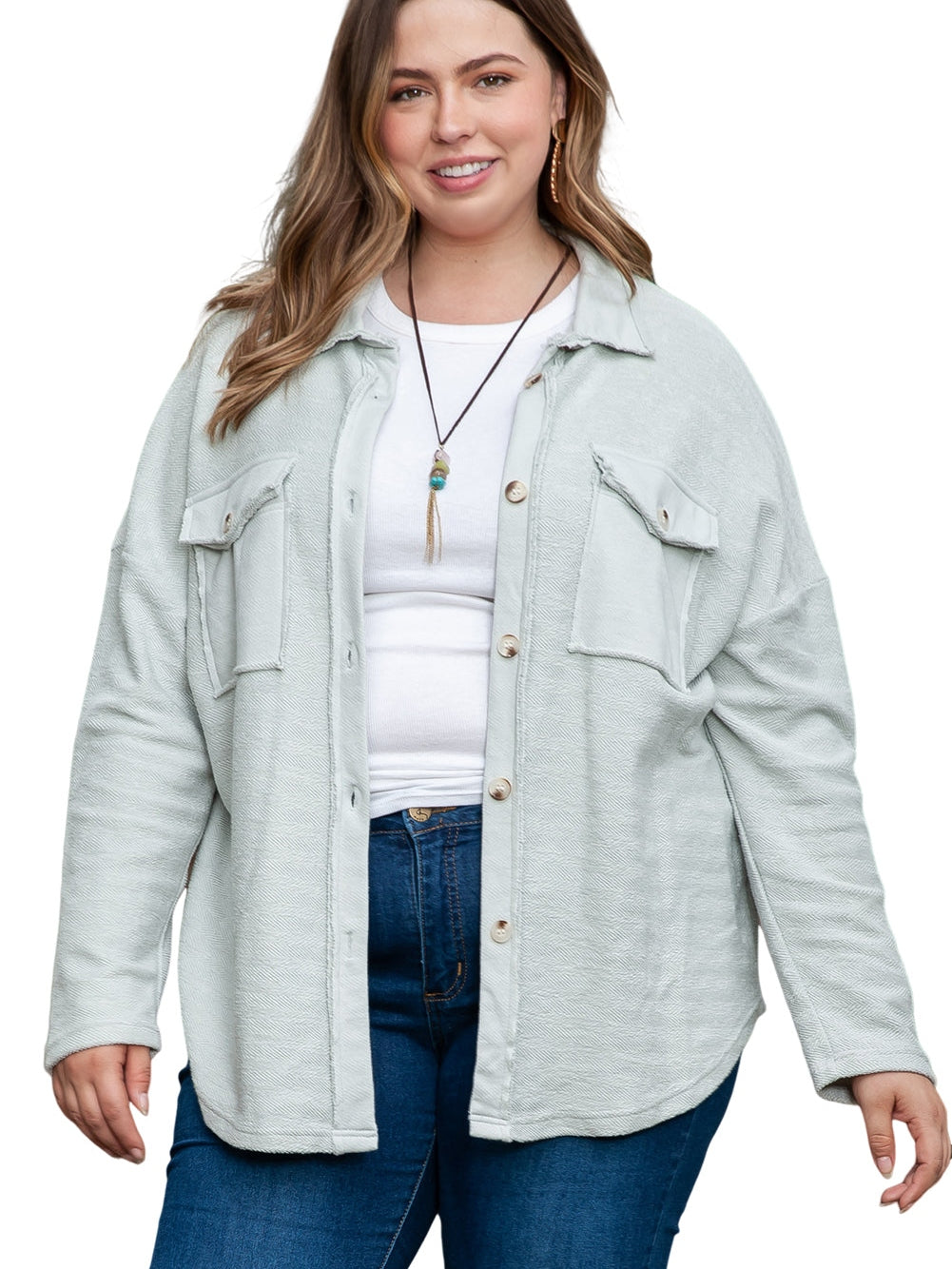 Gray Exposed Seam Flap Pocket Plus Size Shacket