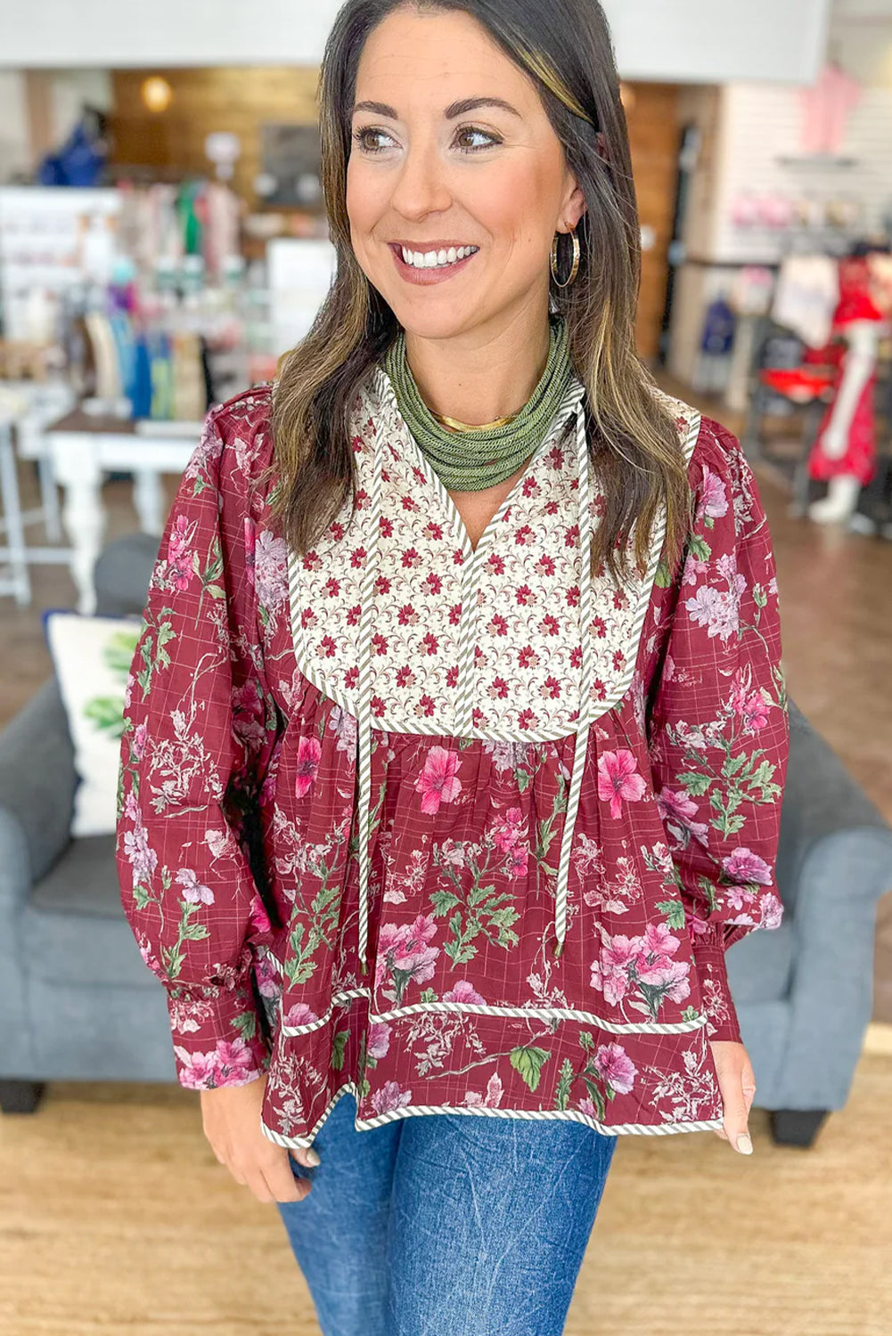 Red Floral Print Contrast Yoke Patchwork Striped Trim Long Puff Sleeve Blouse