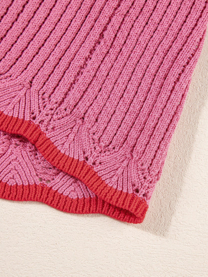 Rose Red Ruffled Contrast Trim Plus Size Short Sleeve Sweater