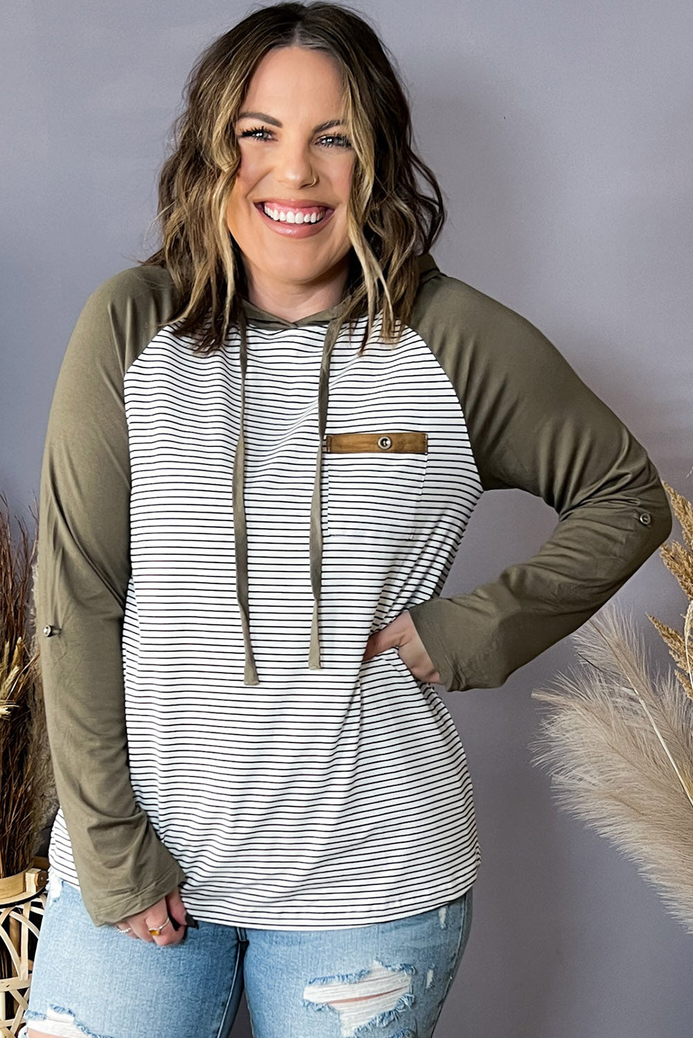 Green Striped Plus Size Hoodie with Raglan Sleeves and Buttoned Pocket