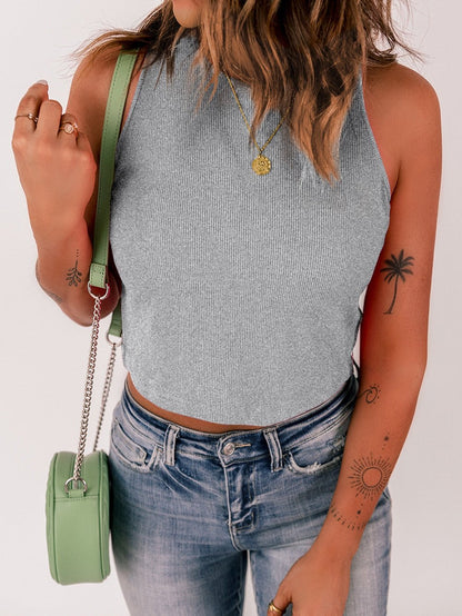 Gray Ribbed Sleeveless Crop Top with Crew Neck