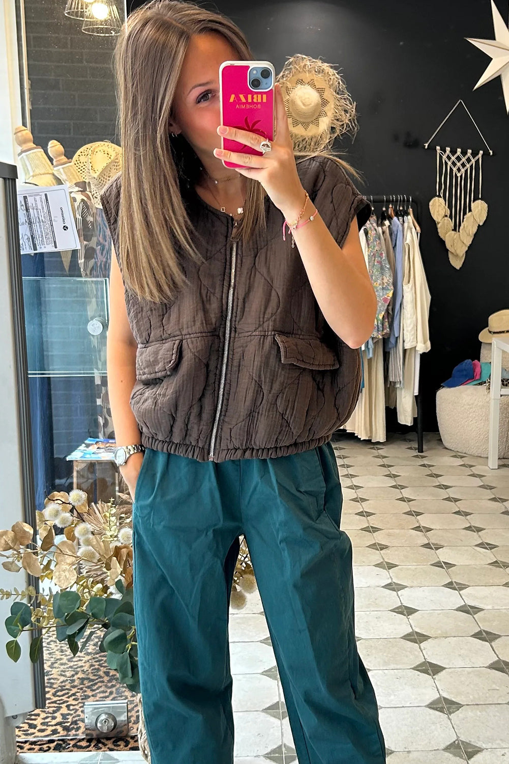 Chicory Coffee Playful Quilted Zip Up Elastic Hem Vest