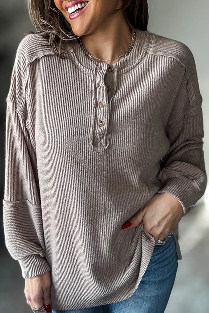 Smoke Gray Brushed Ribbed Knit Exposed Seam Drop Shoulder Henley Top