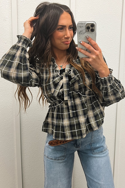 Black Plaid Print Ruffle Trim Front Tie Blouse