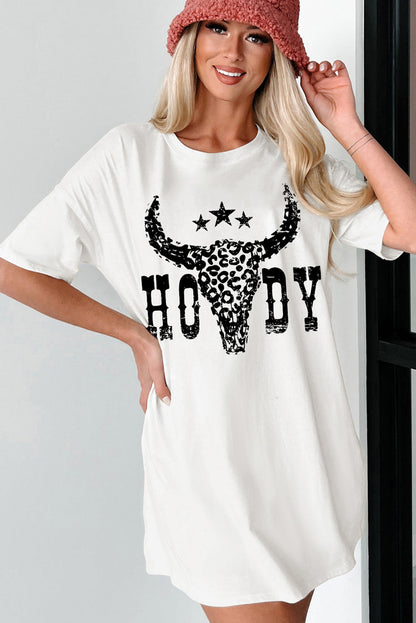 HOWDY Cheetah Steer Head Printed White Oversized Tee