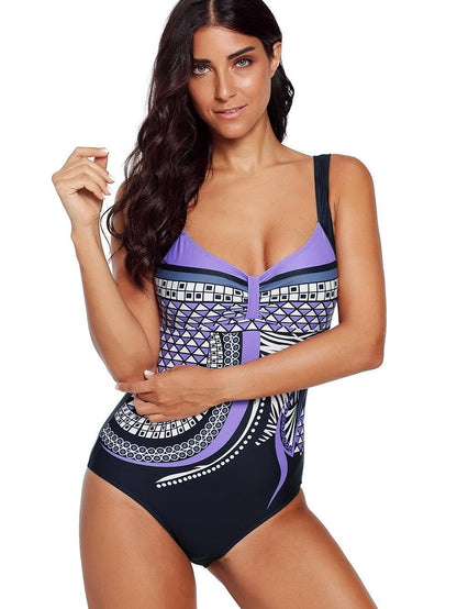 Lavender Geometric Print V-Neck One Piece Swimsuit