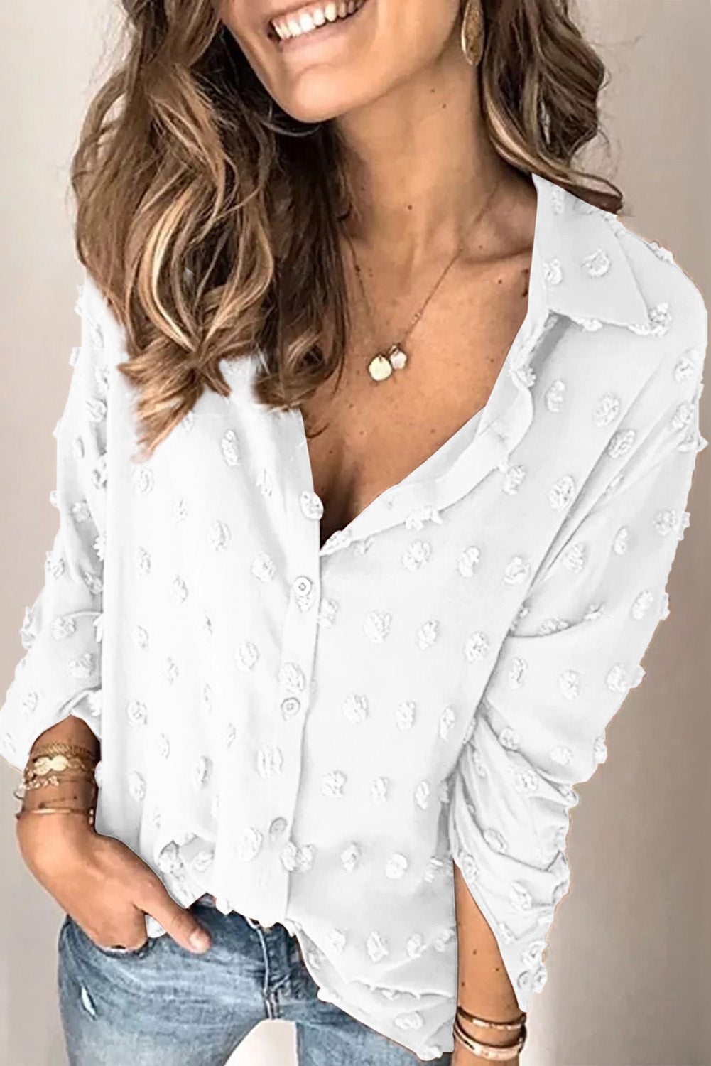 Elegant White Fuzzy Polka Dot Button-Up Shirt