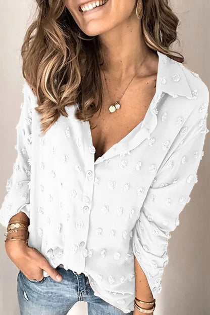 Elegant White Fuzzy Polka Dot Button-Up Shirt