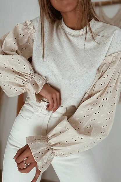 Jet Stream Embroidered Sleeve Patchwork Round Neck Top