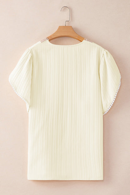 Elegant Beige Lace Detail Petal Sleeve Plus Size Blouse