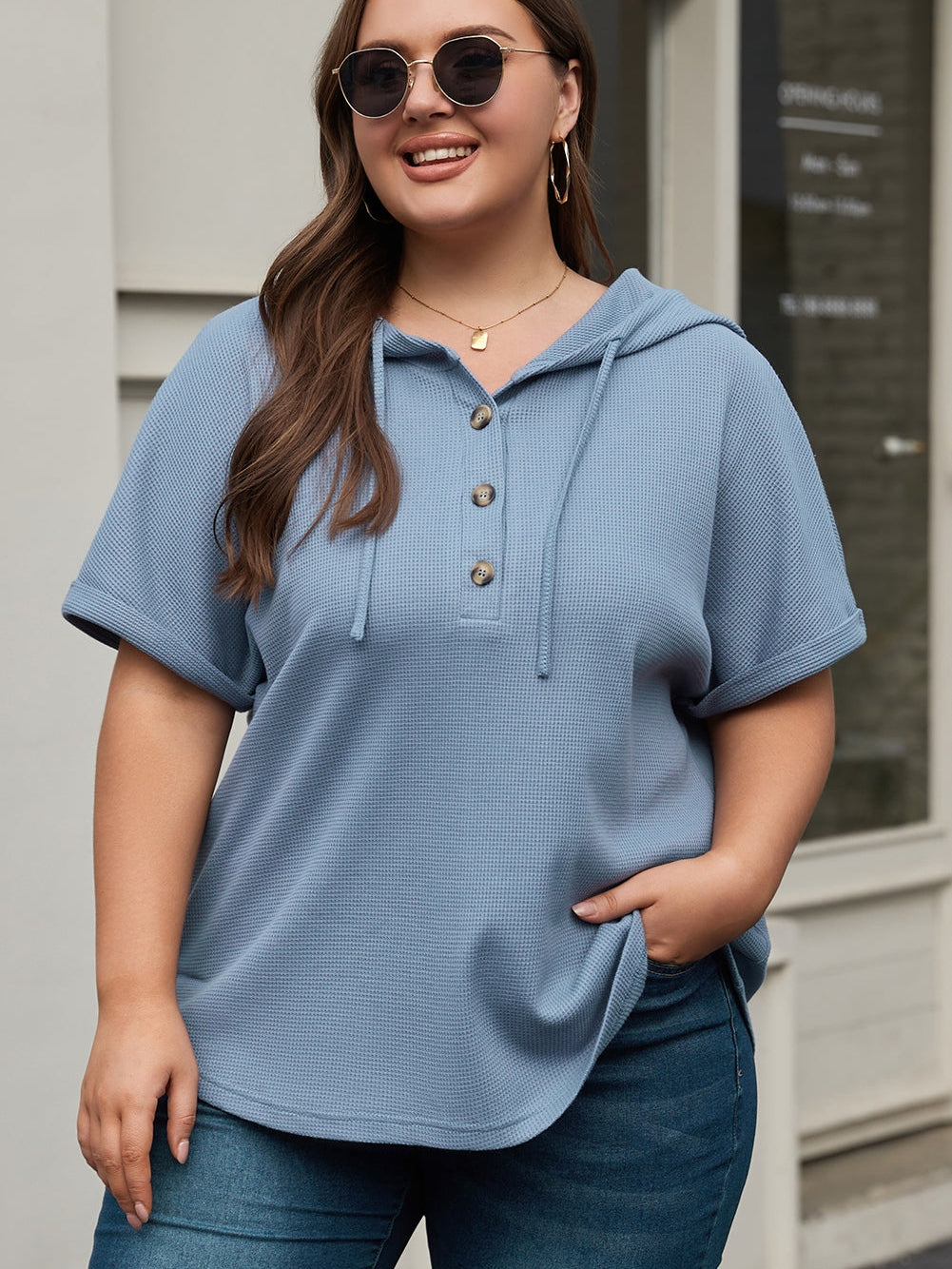Ashleigh Blue Plus Size Waffle Knit Short Sleeve Drawstring Hoodie