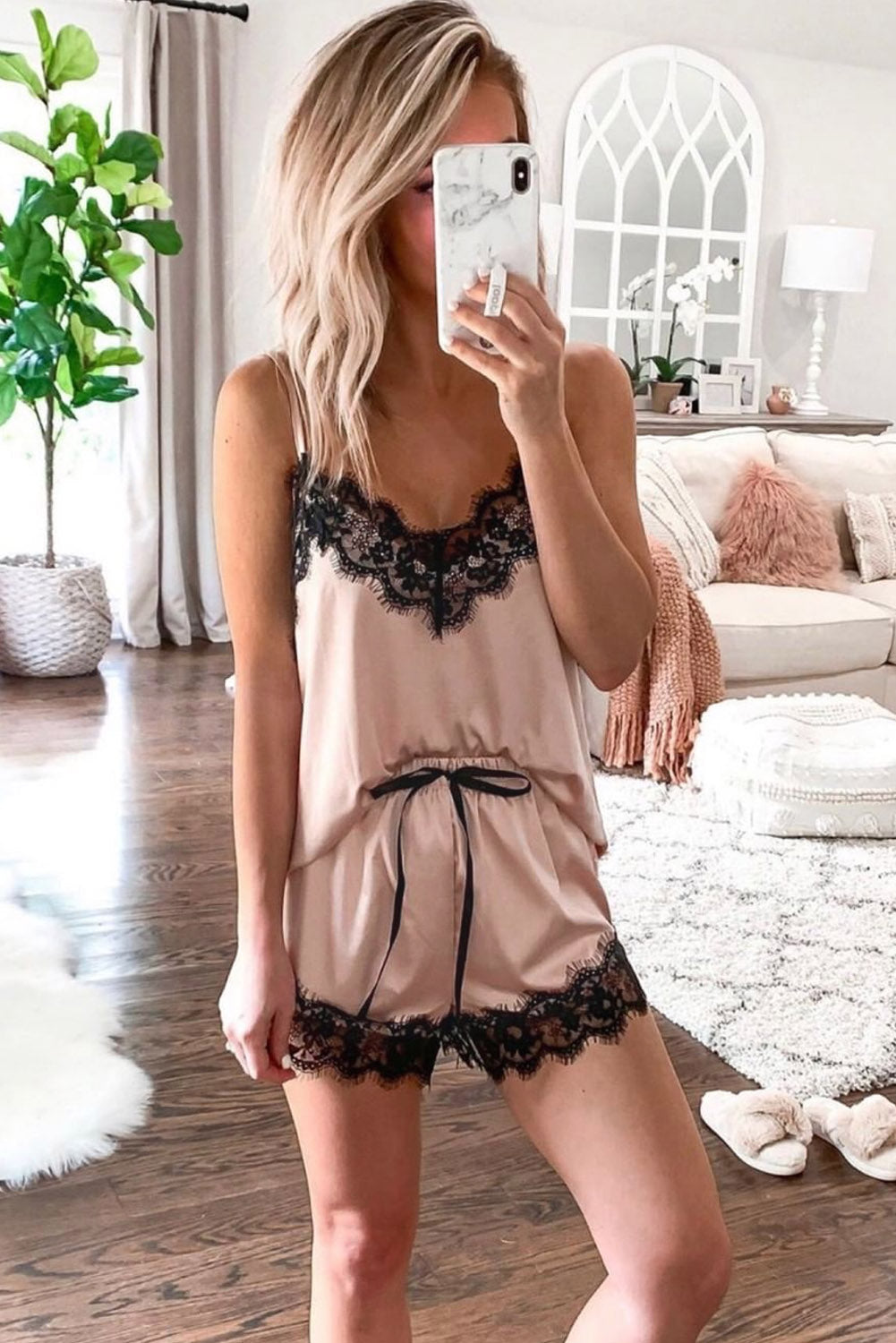 Apricot Satin Lace Sleepwear Cami Top with Matching Shorts - Elegant Pajama Set