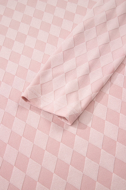 Light Pink Rhombus Pattern Knit Long Sleeve Top Pocketed Drawstring Lounge Pant Set