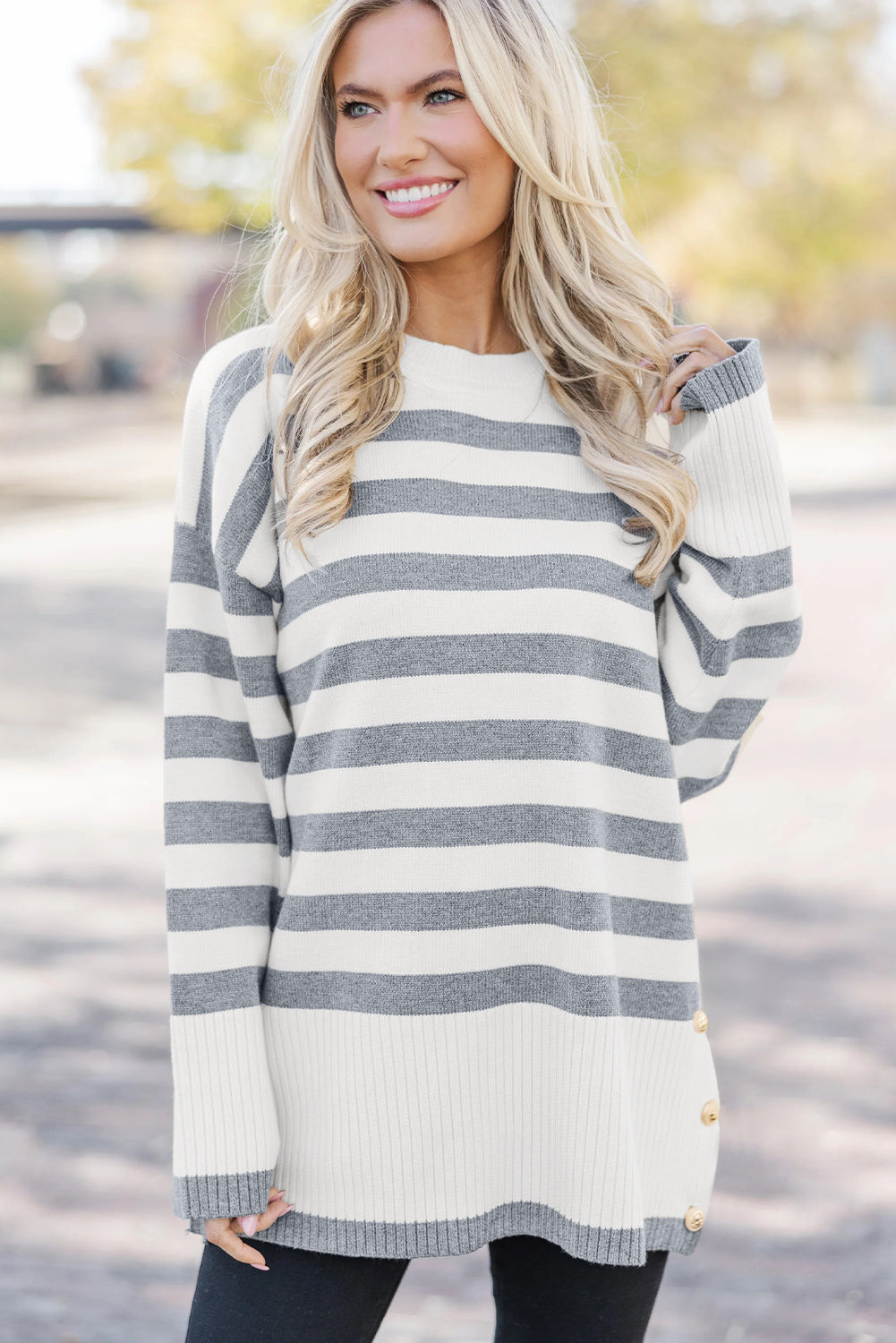 Gray Stripe Ribbed Buttoned Detail Drop Shoulder Tunic Sweater