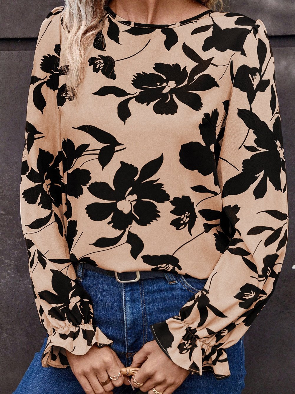 Khaki Floral Flounce Sleeve Back Knot Detail Blouse