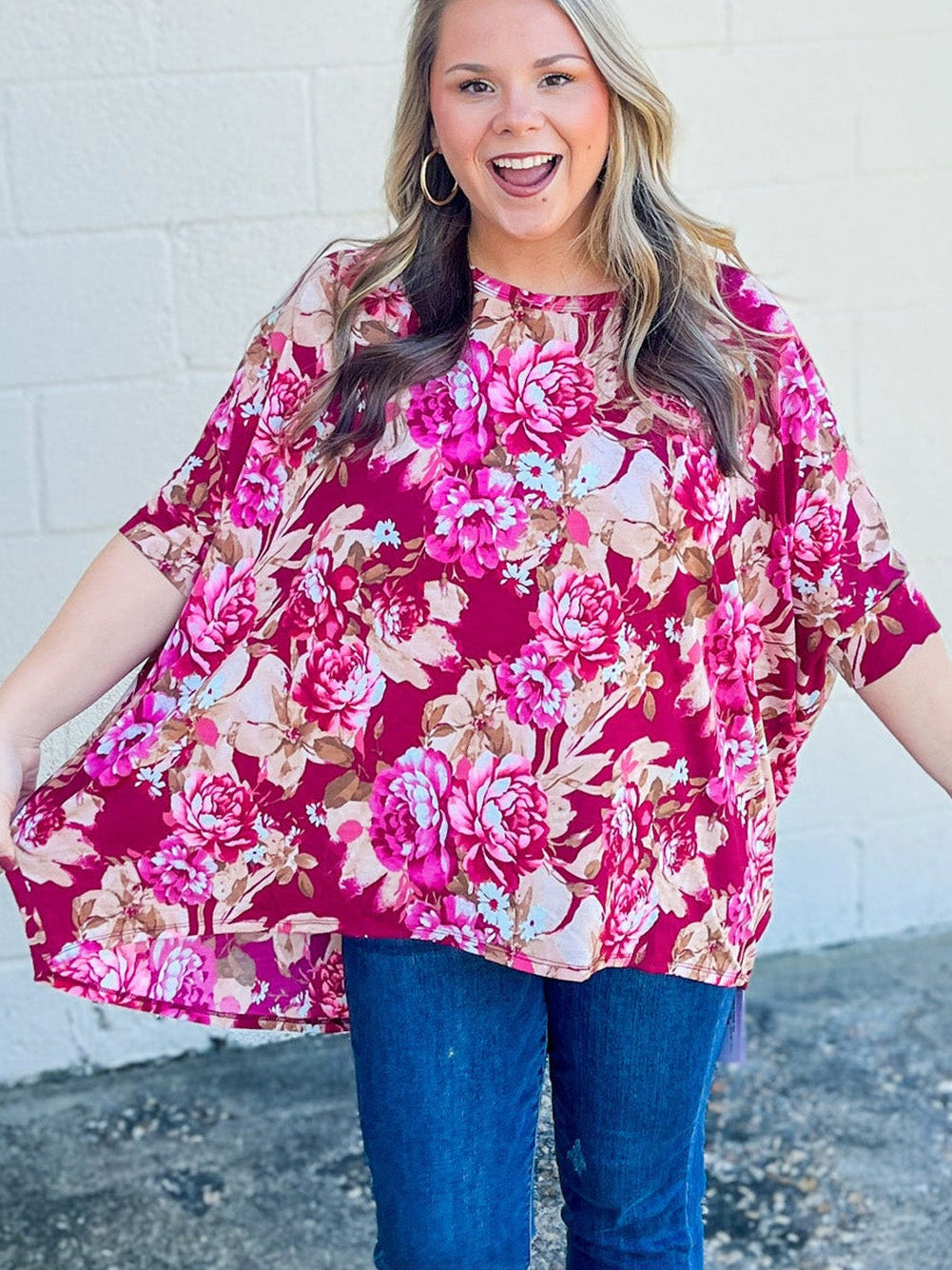 Red Floral Print Short Sleeve Plus Size Blouse