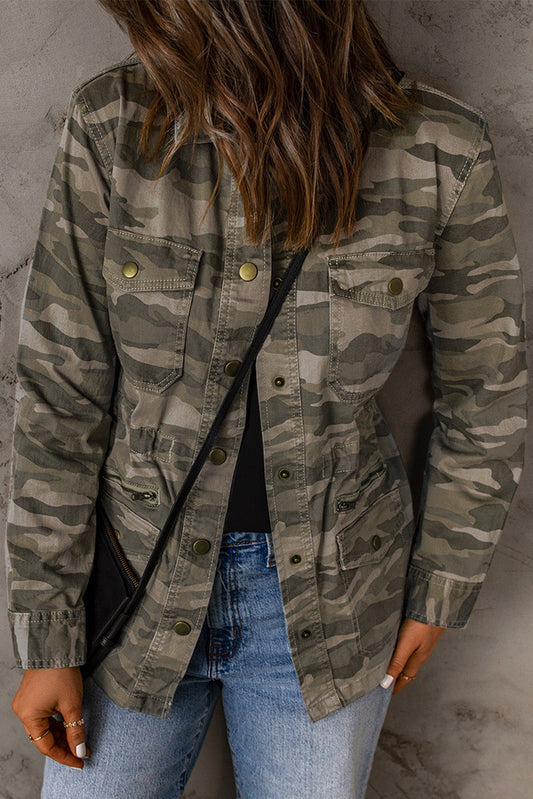 Green Camouflage Print Utility Jacket with Button Closure and Multiple Pockets