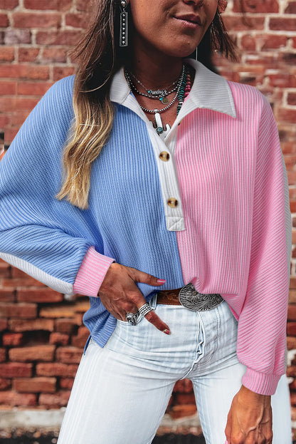 Multicolour Color Block Patchwork Waffle Knit Collar Button Neck Long Sleeve Top