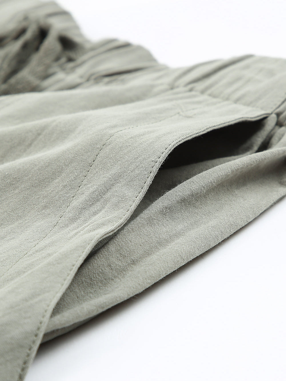 Green Cotton High Waist Loose Fit Shorts with Drawstring Waistband