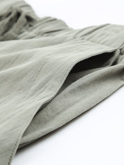 Green Cotton High Waist Loose Fit Shorts with Drawstring Waistband