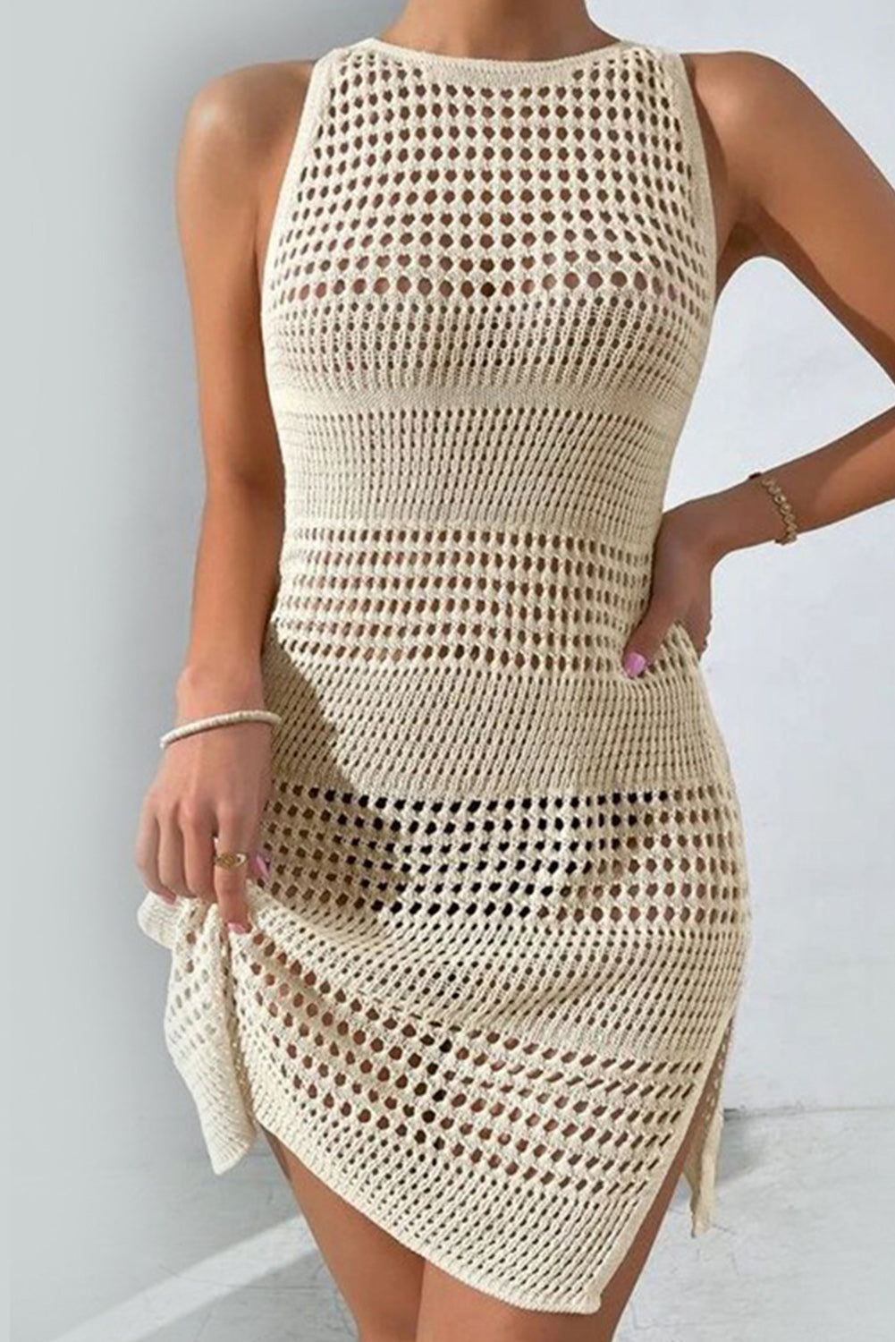 Bohemian Beige Crochet Knit Backless Beach Dress