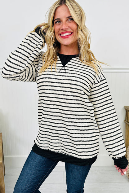 Black Stripe Twist Ribbed Drop Shoulder Pullover Top