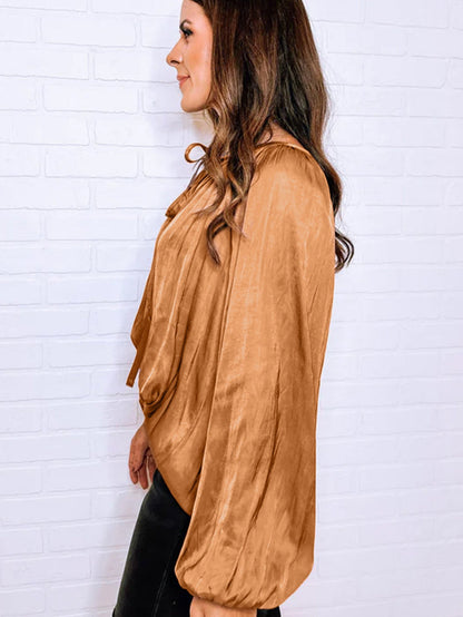Graceful Camel Satin Pleated V Neck Puff Sleeve Blouse