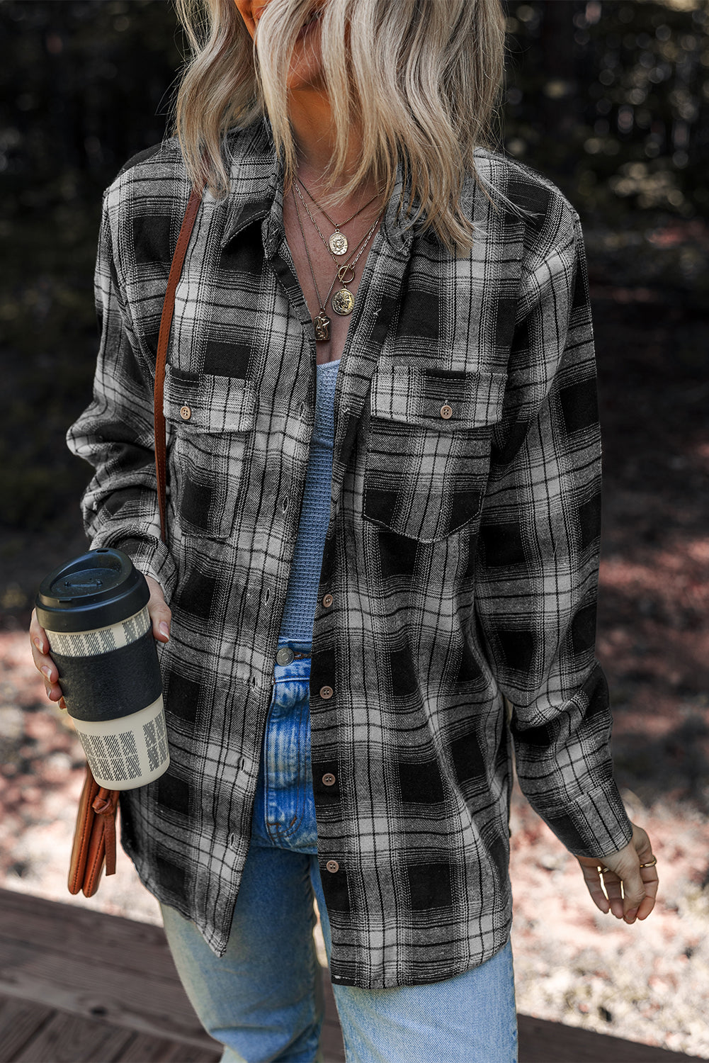 White Retro Plaid Double Flap Pocket Brushed Shacket