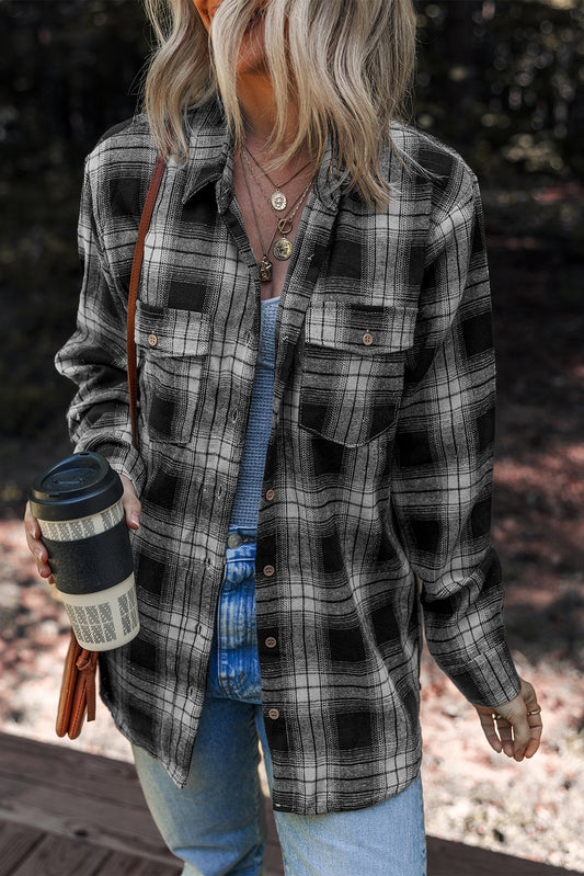 White Retro Plaid Double Flap Pocket Brushed Shacket