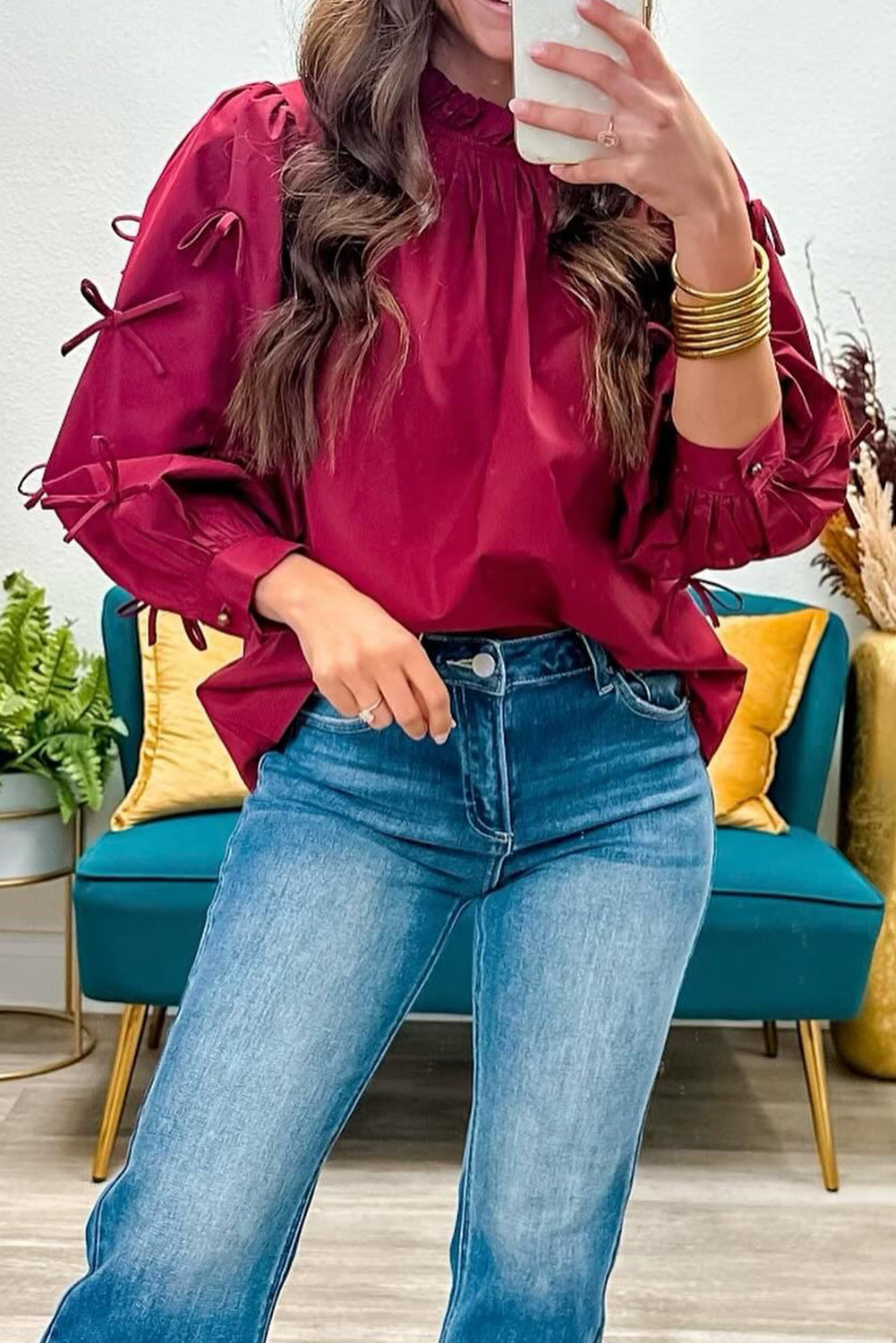 Red Dahlia Frilled Neck Bow Detail Long Slevee Blouse