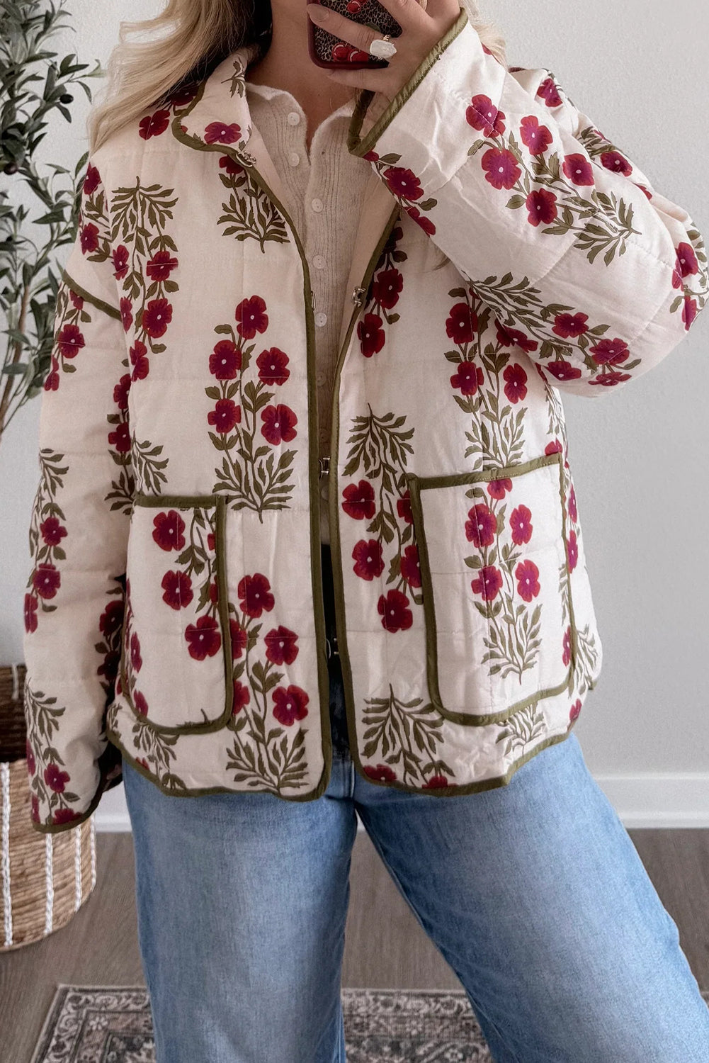 Red Floral Print Contrast Trim Quilted Winter Jacket