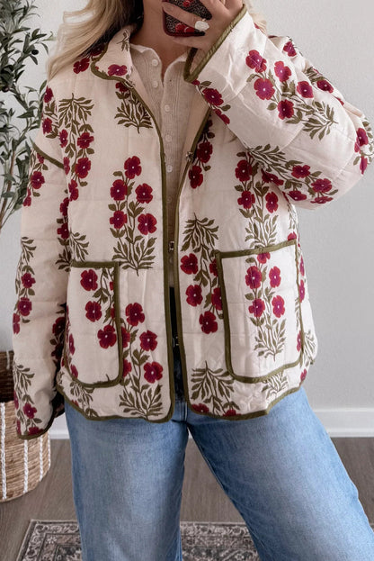 Red Floral Print Contrast Trim Quilted Winter Jacket