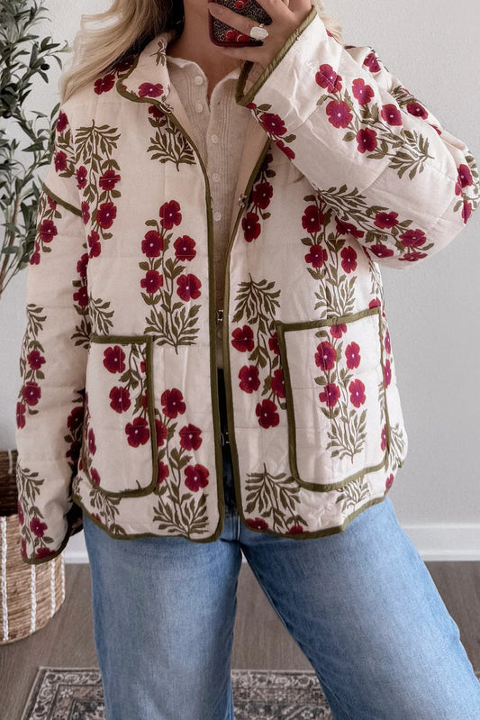 Red Floral Print Contrast Trim Quilted Winter Jacket