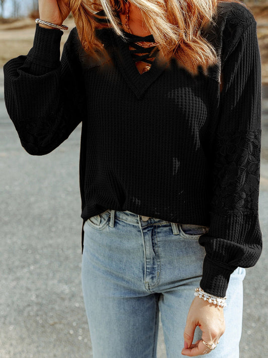 Elegant Black Lace Patchwork V Neck Long Sleeve Knit Top