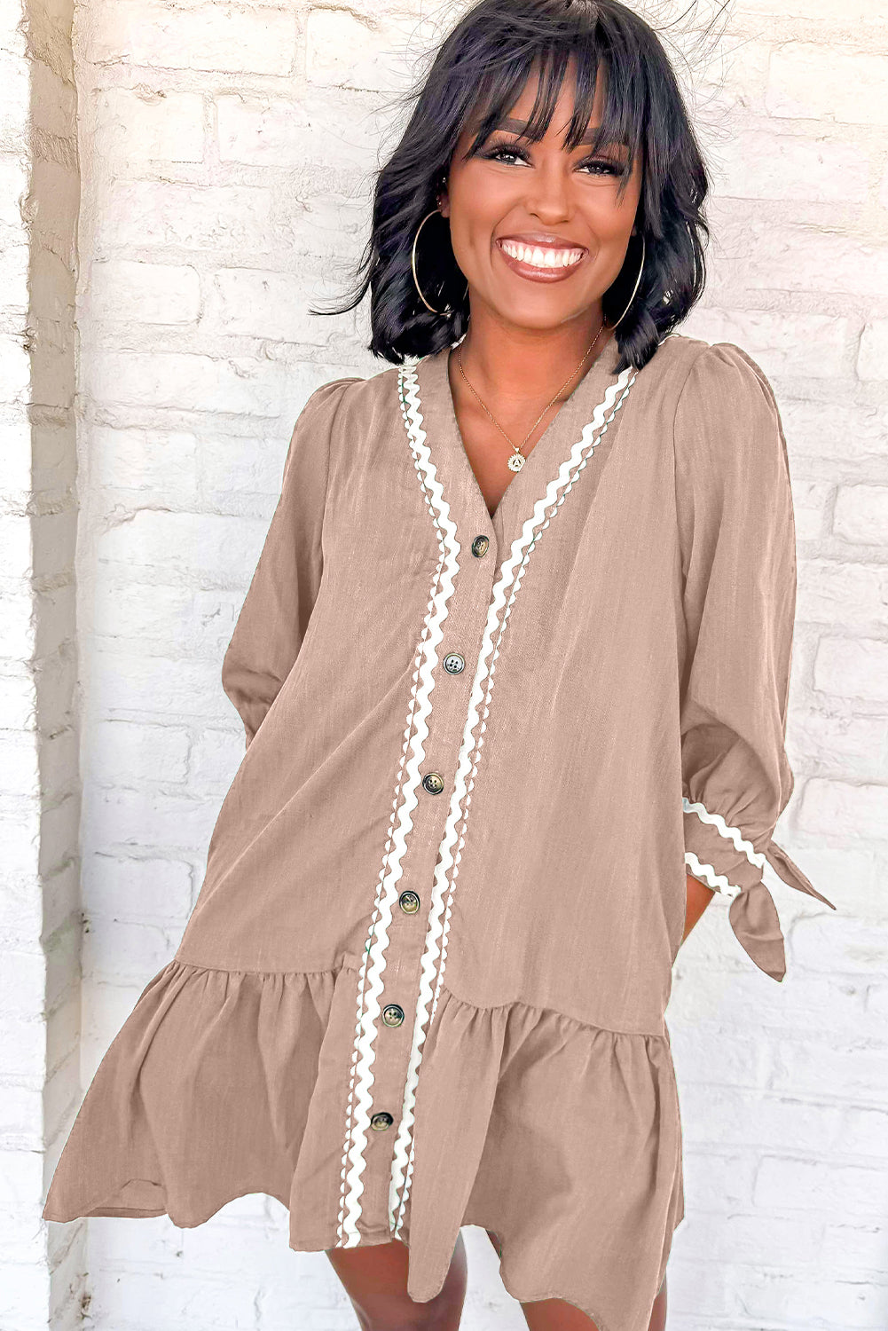 Smoke Gray Contrast Ricrac Trim Button V Neck Knotted Bracelet Sleeve Shift Dress