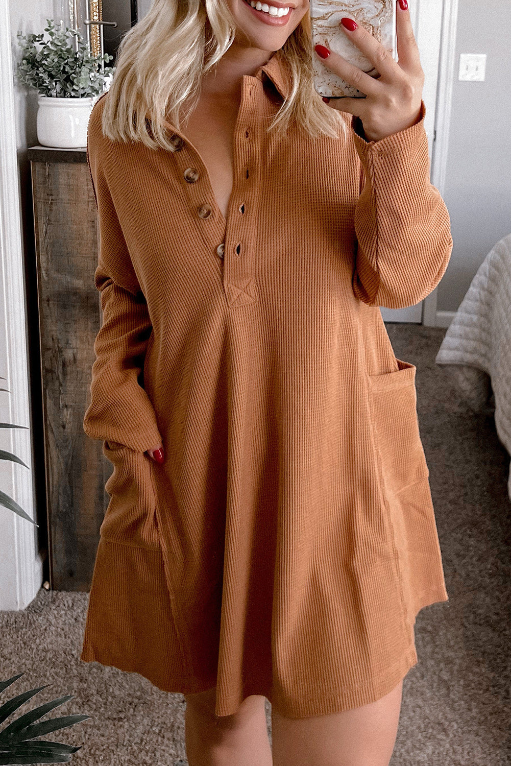Chestnut Button Collared Split Neck Waffle Knit Dress