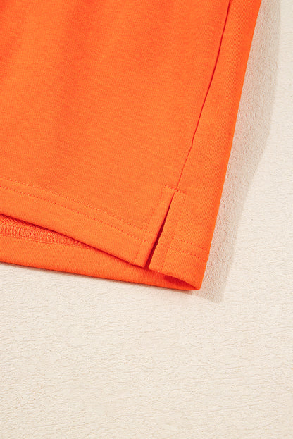 Orange Plus Size Varsity Striped Drop Shoulder Pullover Drawstring Elastic Waistband Short Set