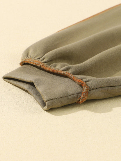 Khaki Zippered V-Neck Color Block Sweatshirt